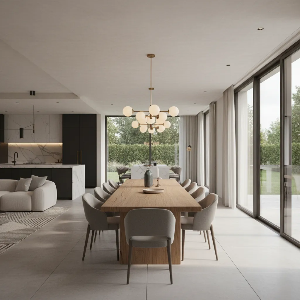 Minimalist dining area with long wood table, beige chairs, round ceiling light, and glass windows