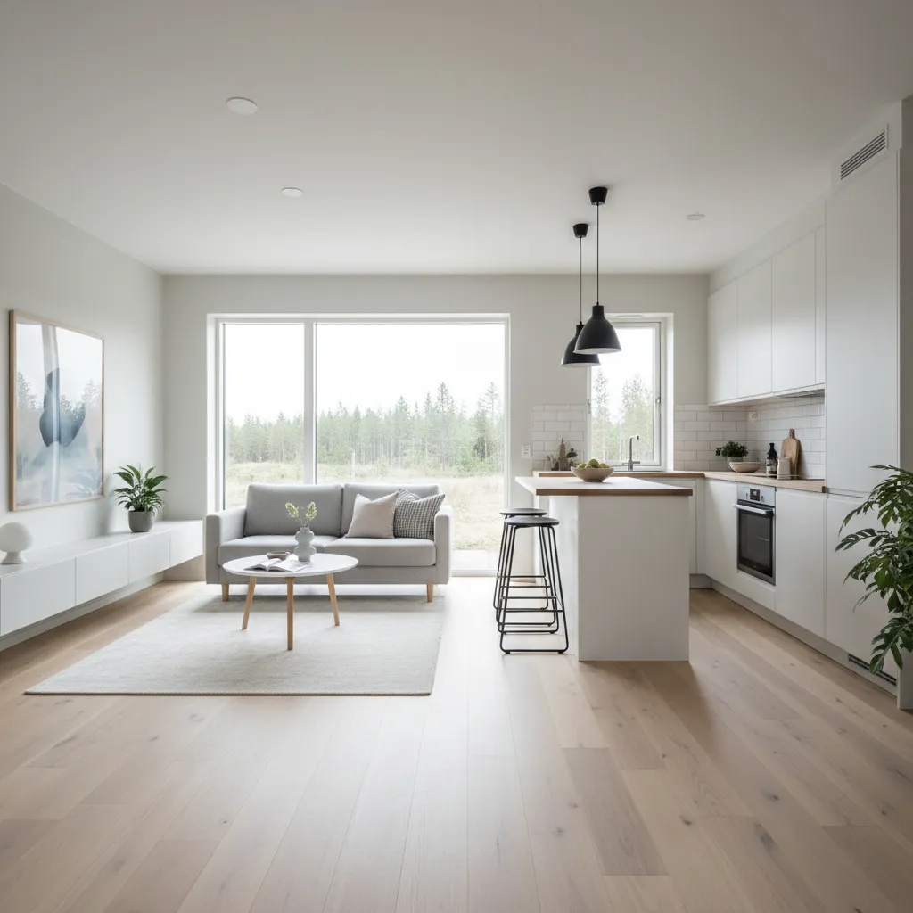 interior de casa pequena moderna com sala integrada à cozinha