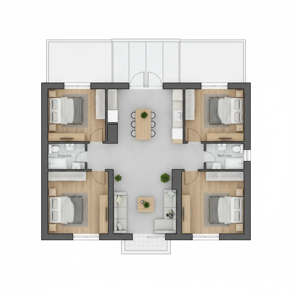 Plano compacto de casa pequeña con tres dormitorios