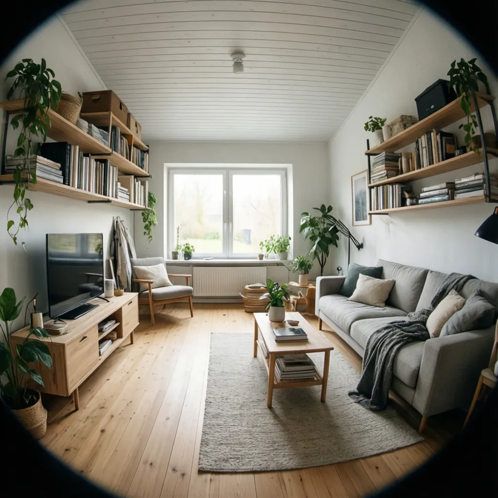 Interior de una casa compacta de tres habitaciones bien distribuida