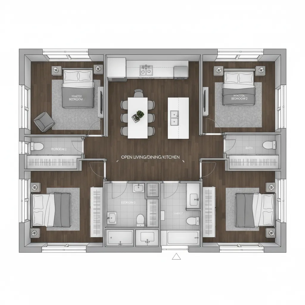 Plano compacto de casa pequeña con tres recámaras