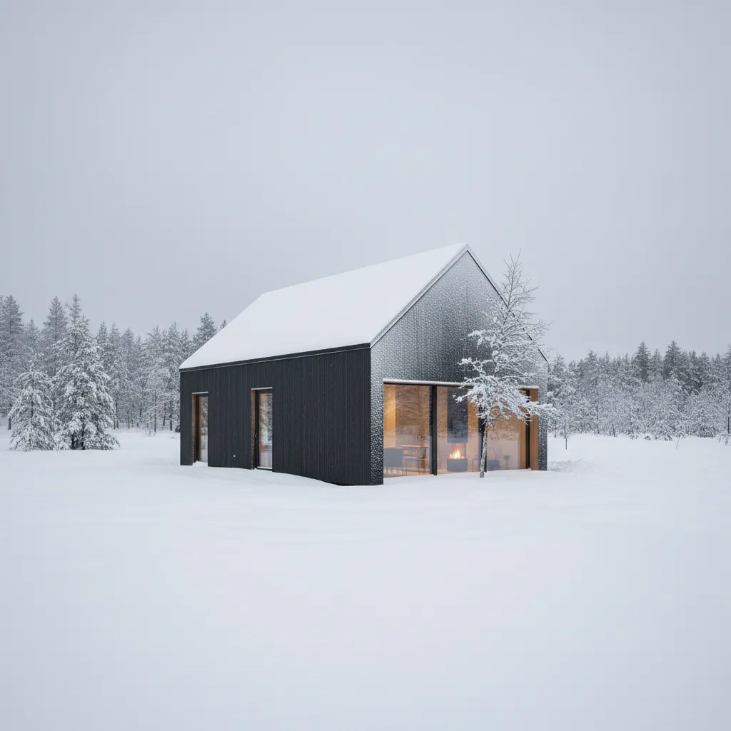 Small black house in snowy forest with glowing fireplace visible through a large glass window