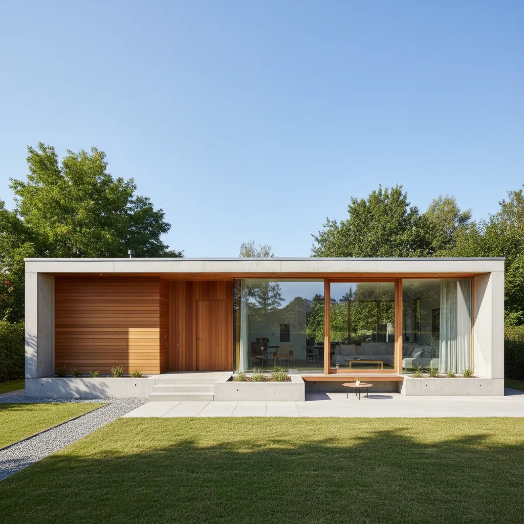 Casa moderna compacta de una planta con patio y grandes ventanas