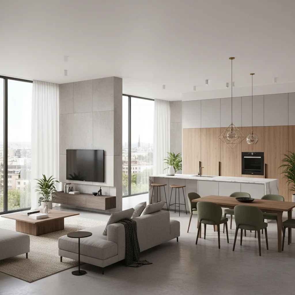 Render 3D de una vivienda completa con salón cocina y comedor