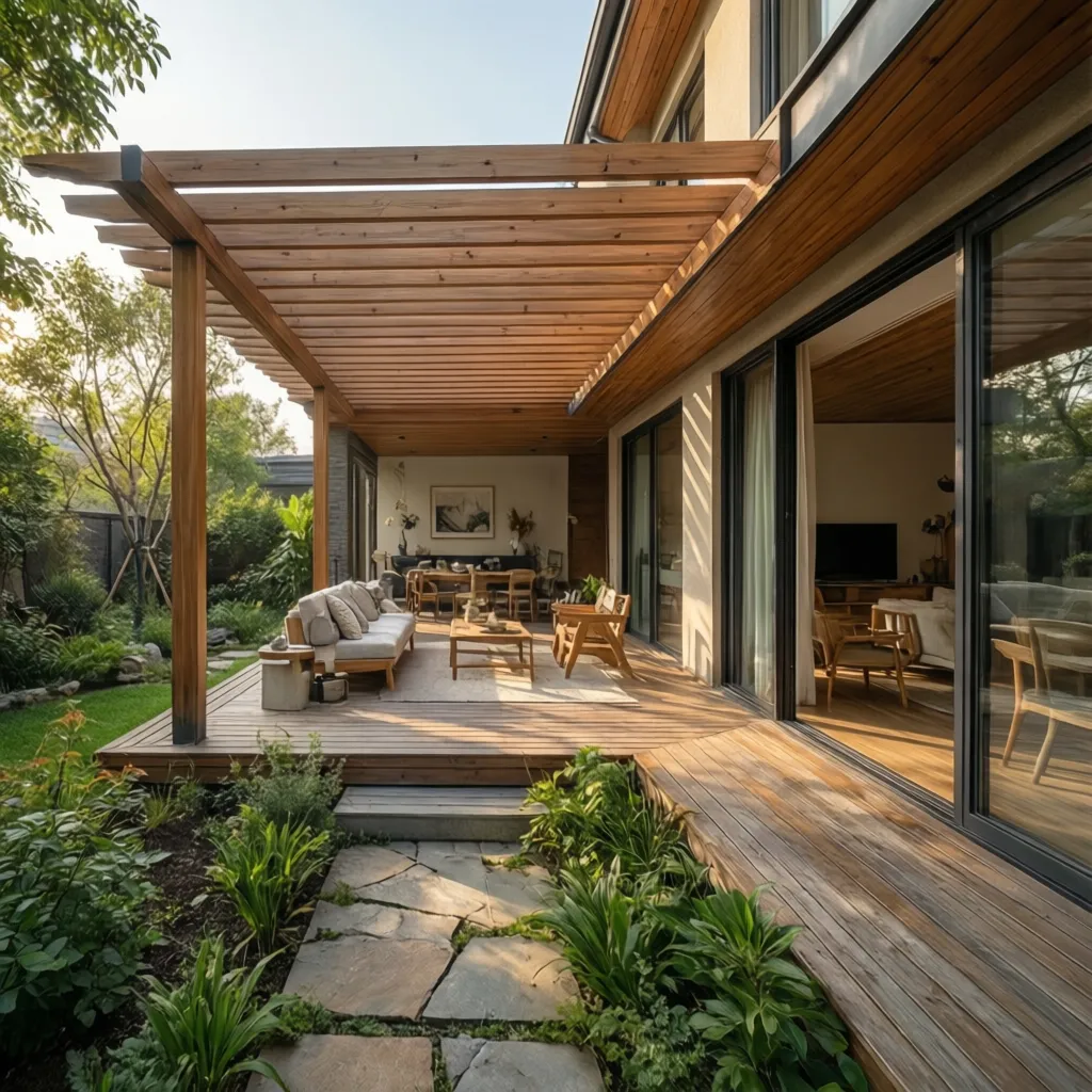 Wooden deck under wooden pergola with sofa chairs and dining table next to green garden