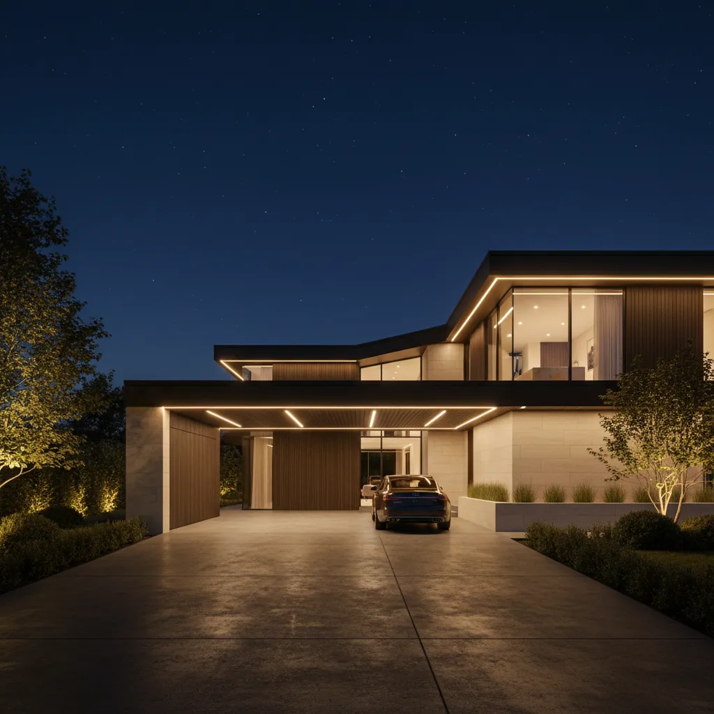 Casa moderna con marquesina iluminada por la noche