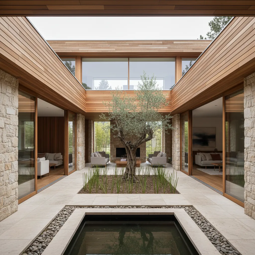 Modern house central courtyard with olive tree stone walls water feature and sliding glass doors