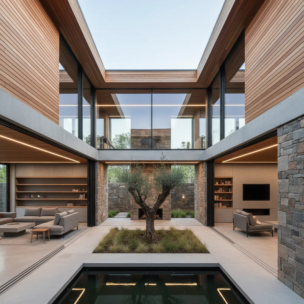 Casa con distribución en L alrededor de un patio