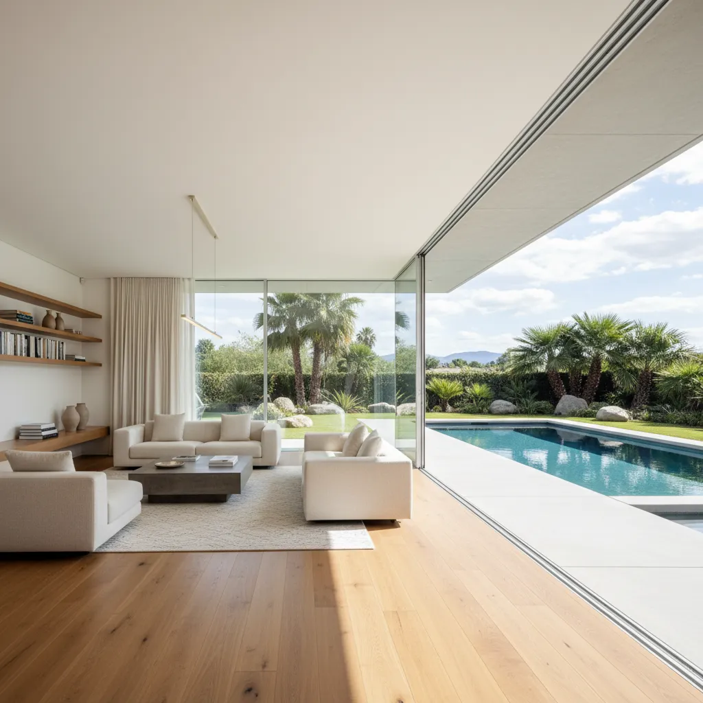 Vista desde el salón hacia el jardín y piscina a través de puertas correderas
