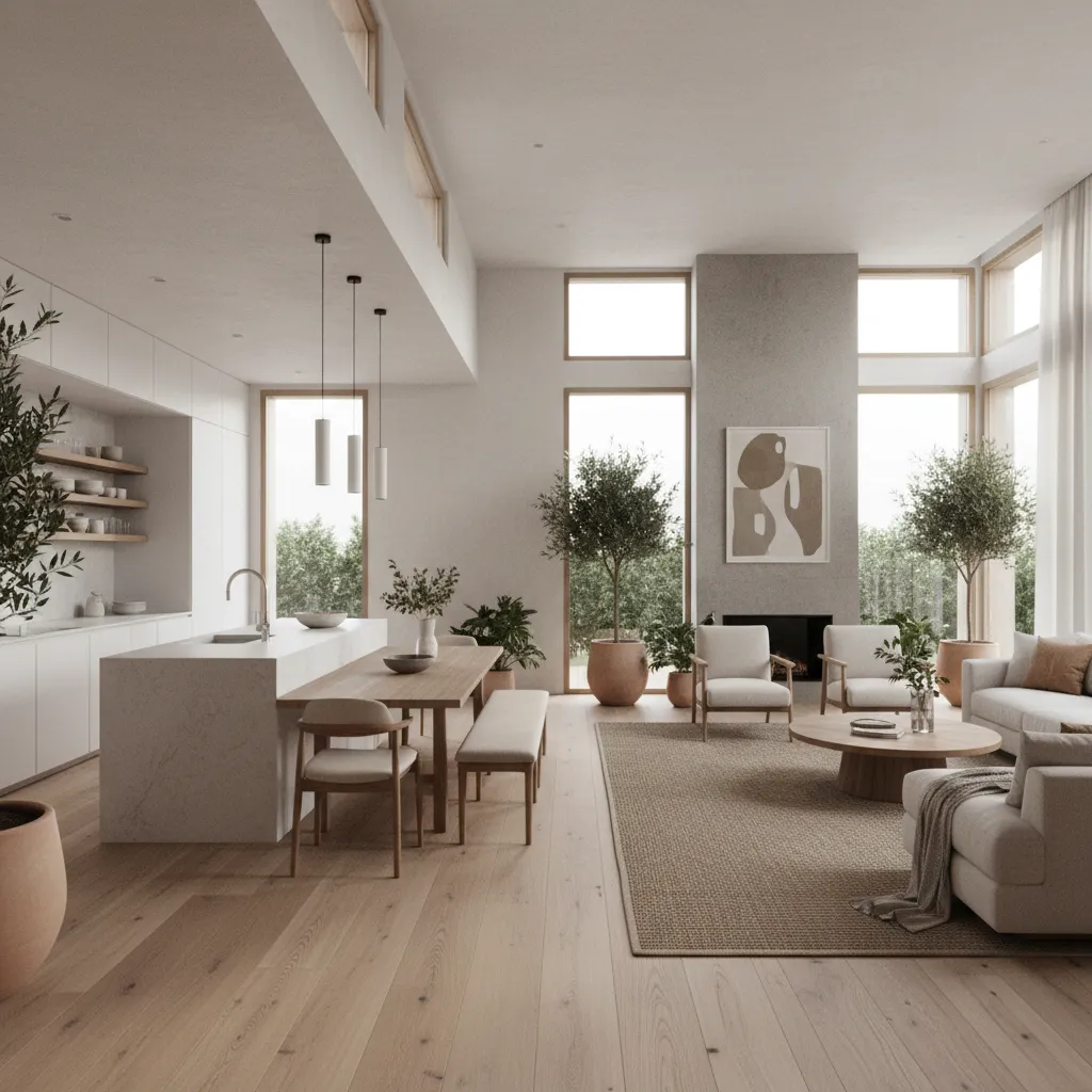Warm interior design with kitchen island dining table beige sofa and indoor trees by windows
