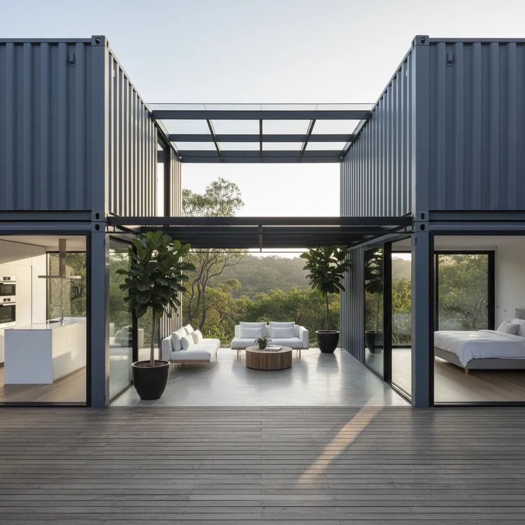 Modern shipping container house with outdoor patio white sofas kitchen bedroom and green forest background