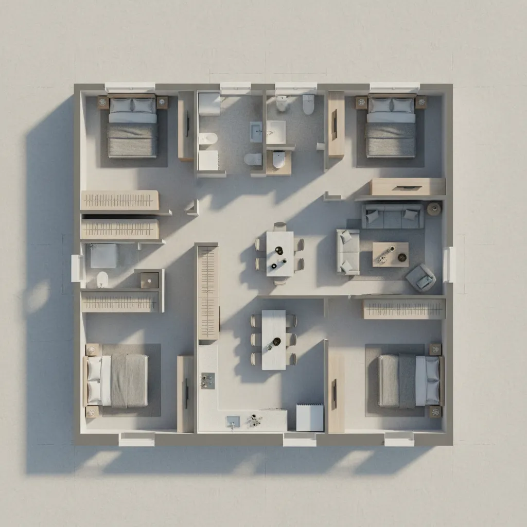 Top view interior design drawing showing four bedrooms kitchen living room and dining table layout