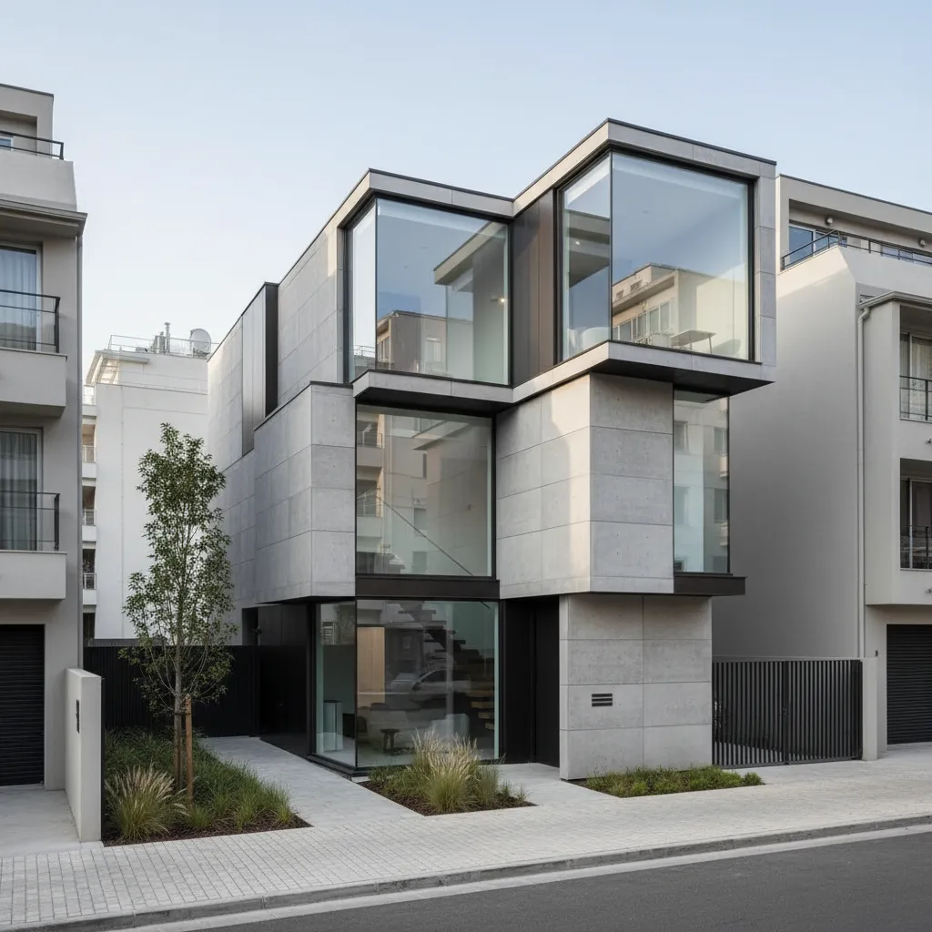 Casa cúbica moderna construida en un terreno pequeño