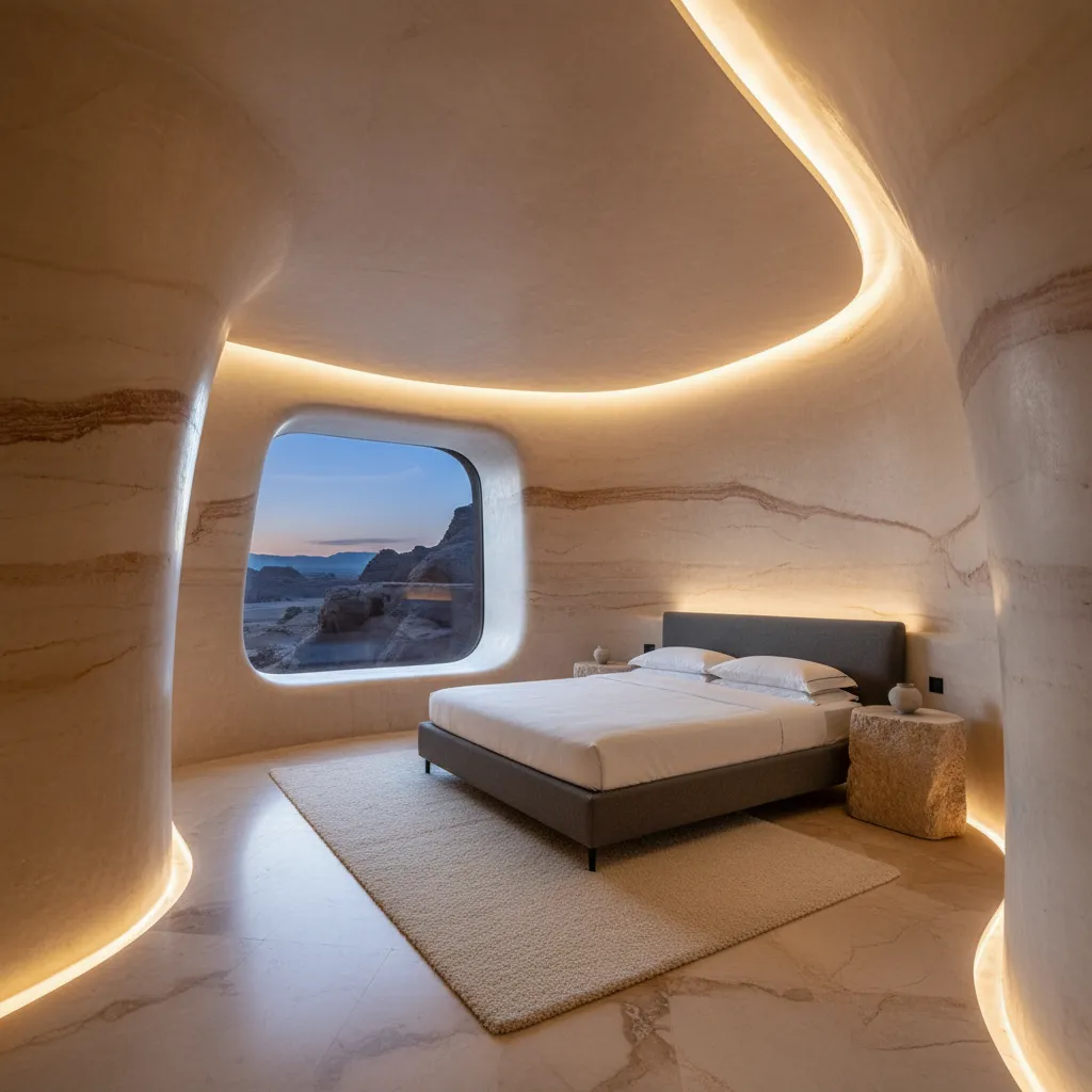 Interior moderno de casa cueva con iluminación indirecta