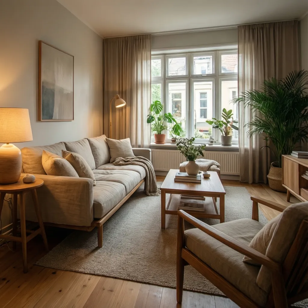 Cozy living room featuring a beige sofa wooden coffee table green indoor plants and natural light