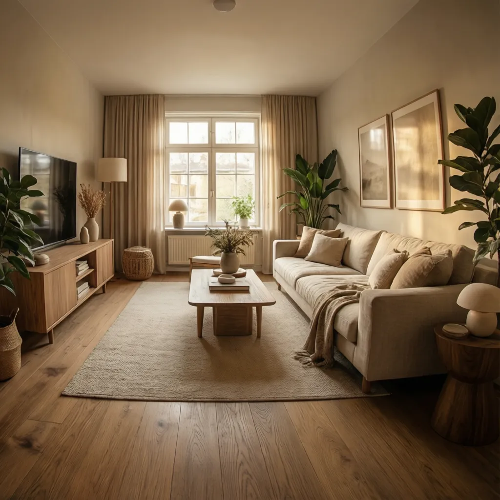 Cozy living room with beige sofa wooden coffee table tv cabinet indoor plants and curtains