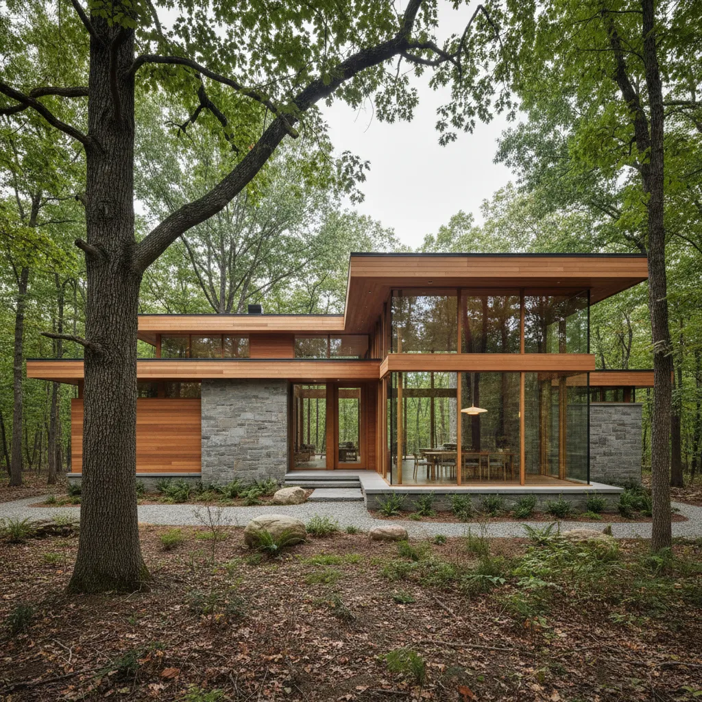 Modern house with wood and stone walls large windows and flat roof in green forest