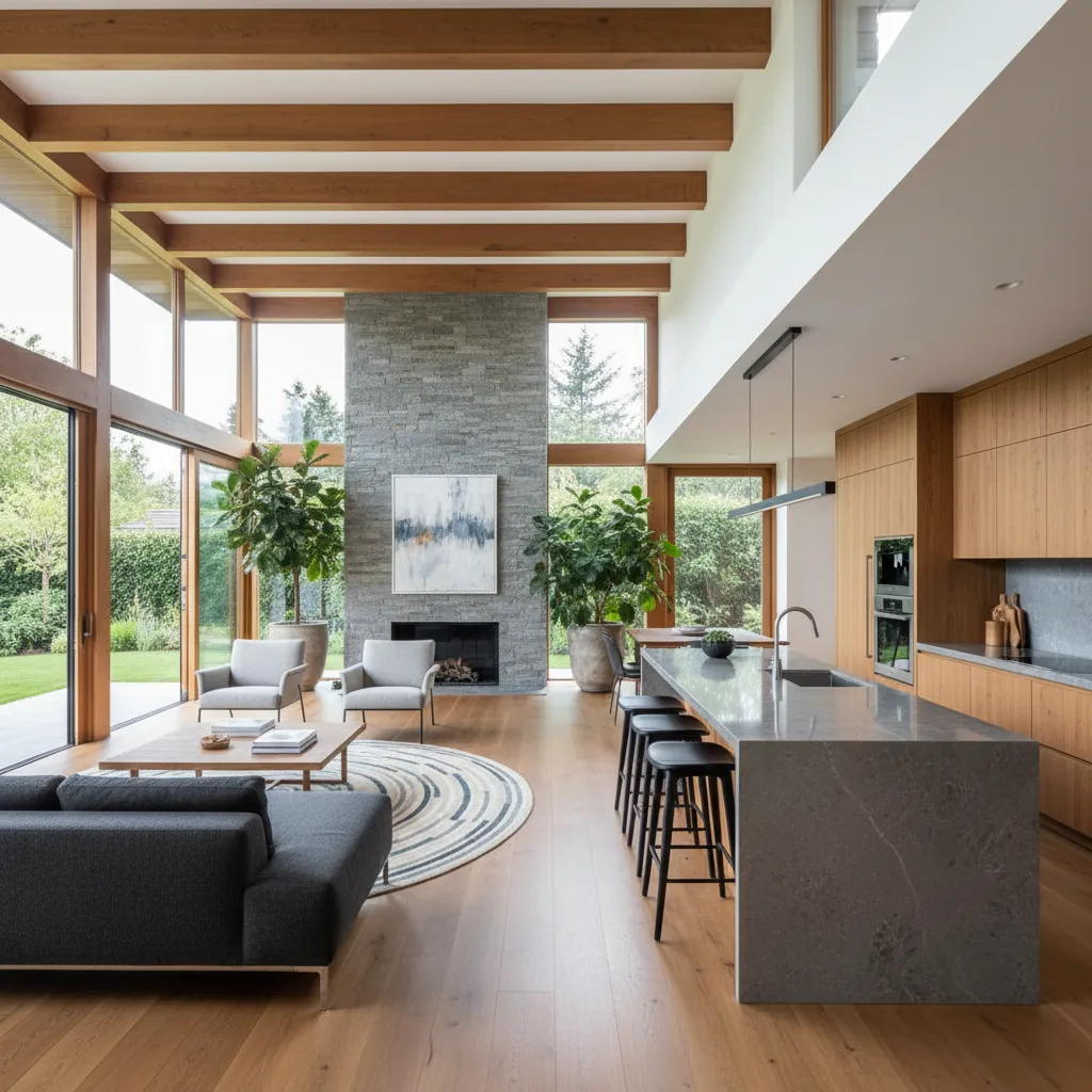 Interior de casa moderna con distribución abierta entre cocina y salón