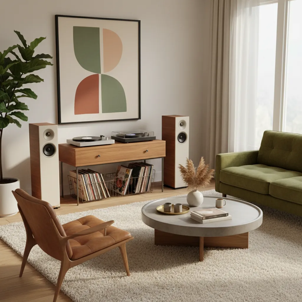 Modern living room with green sofa leather chair wooden cabinet record player speakers abstract art
