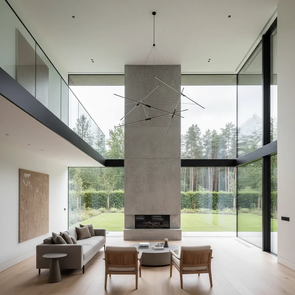 Modern living room with high ceiling grey sofa stone fireplace and large windows facing garden