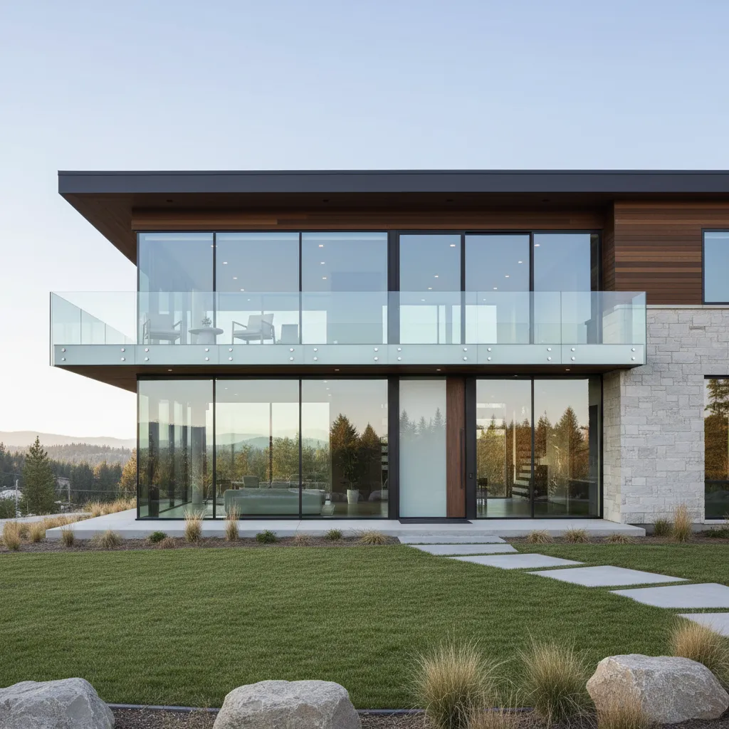 Casa moderna de dos pisos con grandes ventanales y terraza