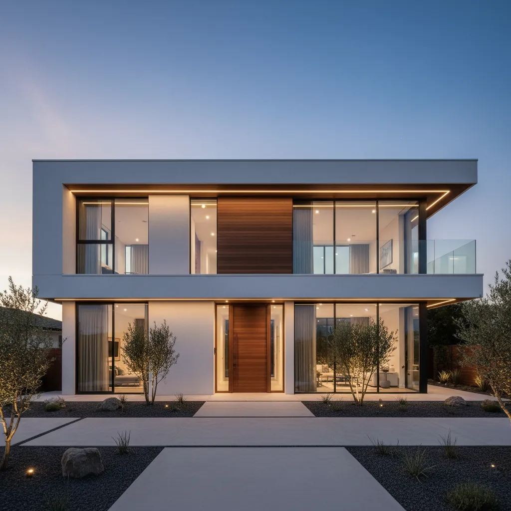 Modern two story house exterior with white walls wood panels large windows and front yard garden