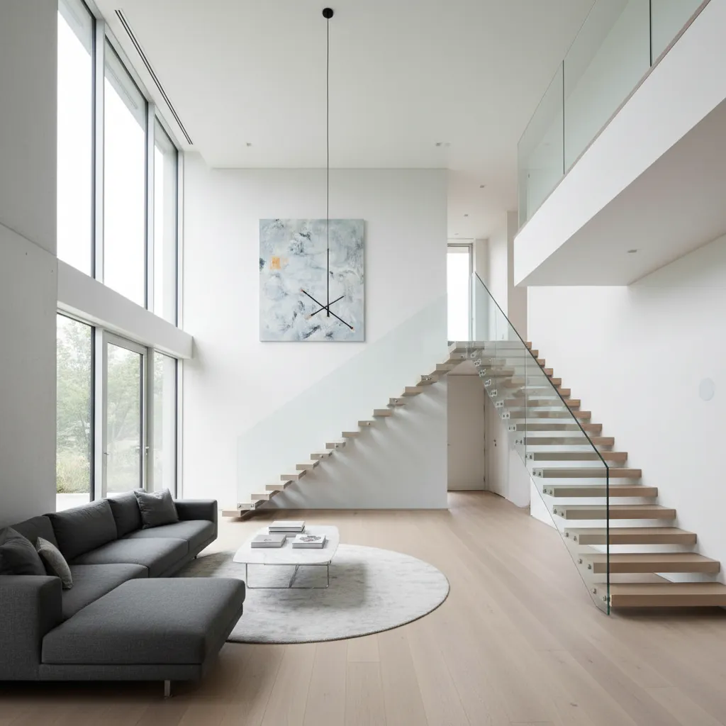 Interior de casa moderna de dos pisos con doble altura