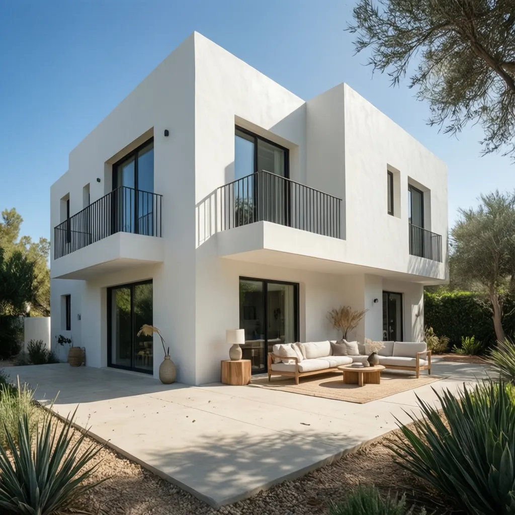 Modern white house with two floors plus black balconies including outdoor furniture and white sofa