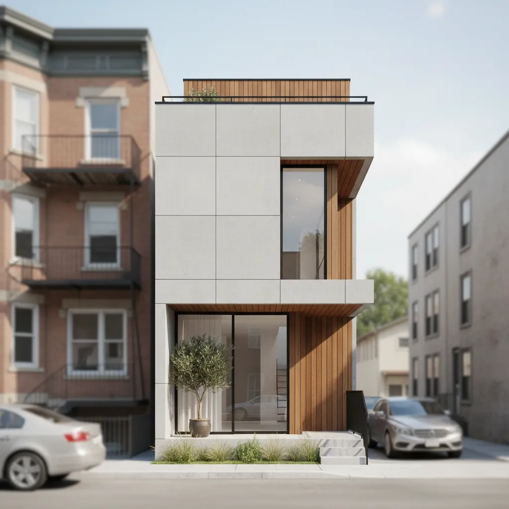 Modern narrow three story house with white panels wood wall large windows and street parking