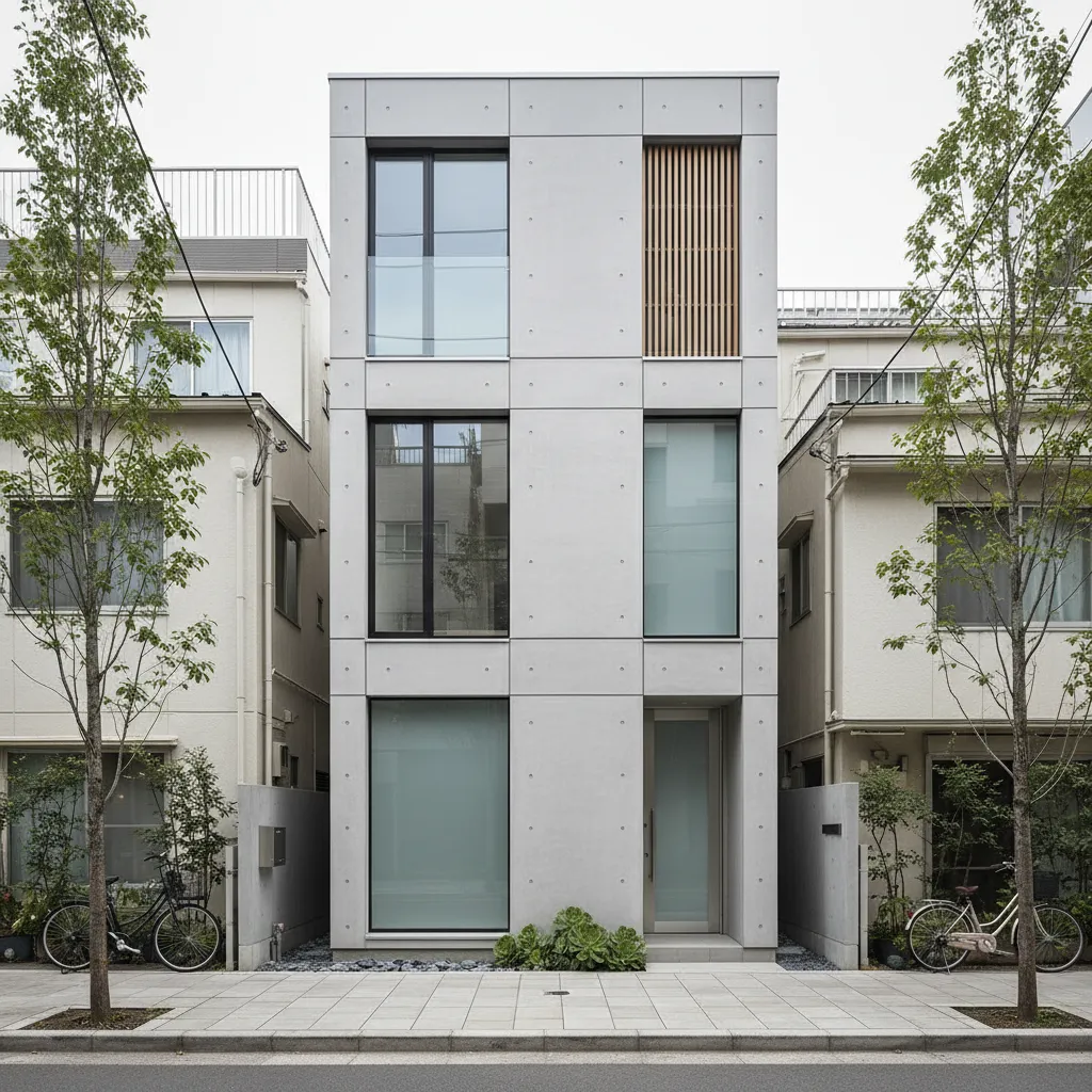 Narrow three-story concrete house with large windows wood slats and parked bicycles on the sidewalk