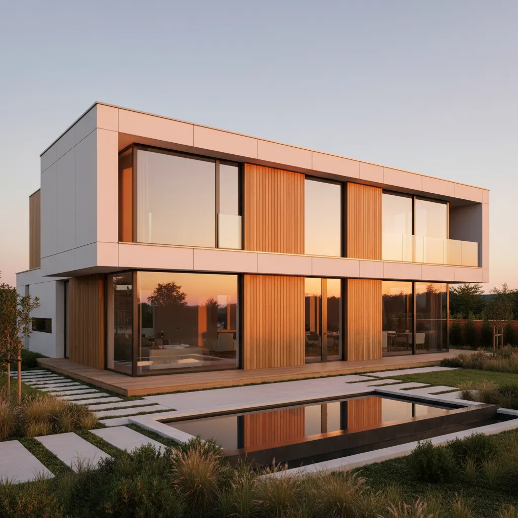 Modern two story house with large windows wood walls swimming pool and garden at sunset