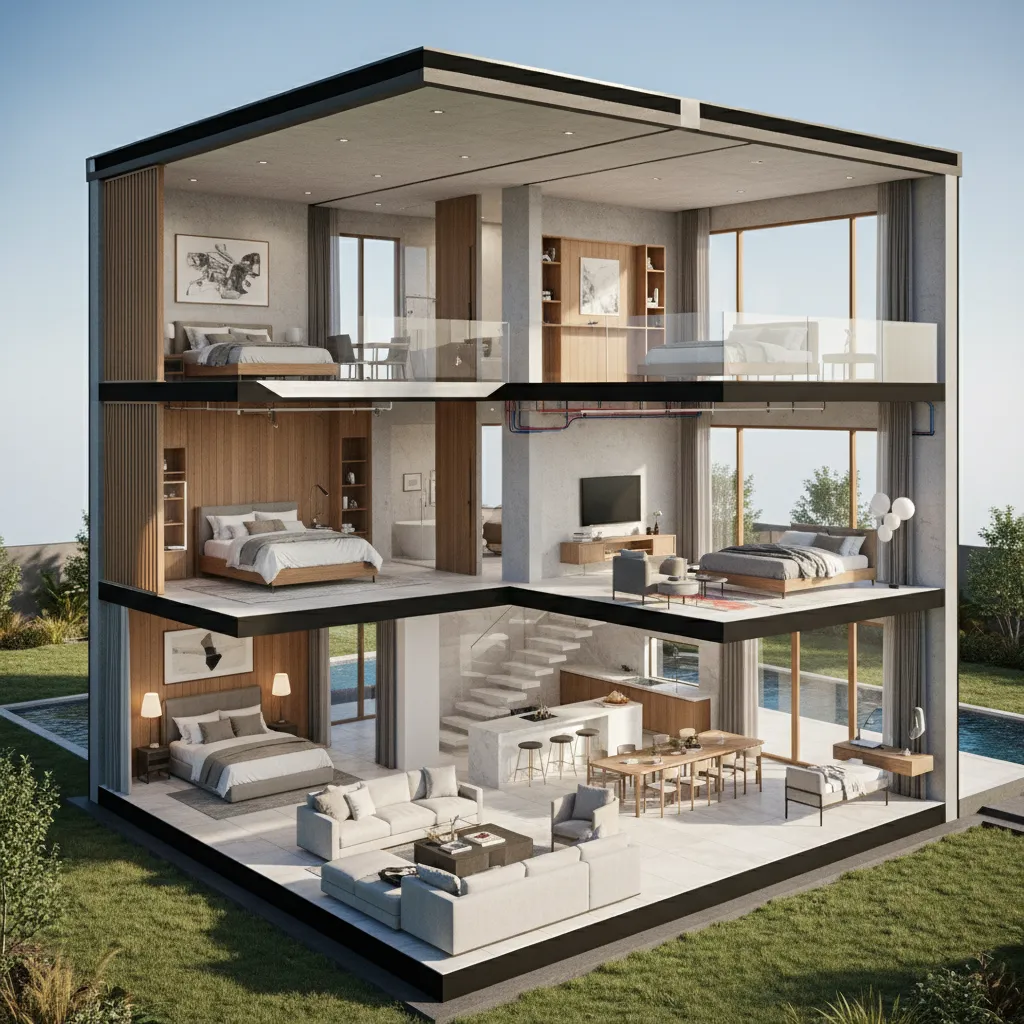 Vista 3D de una casa moderna de dos plantas con cuatro dormitorios