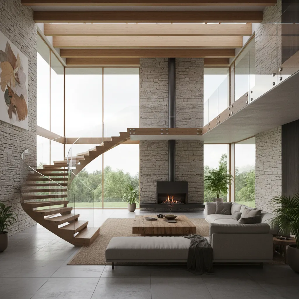 Interior moderno de una casa de dos plantas con escalera central