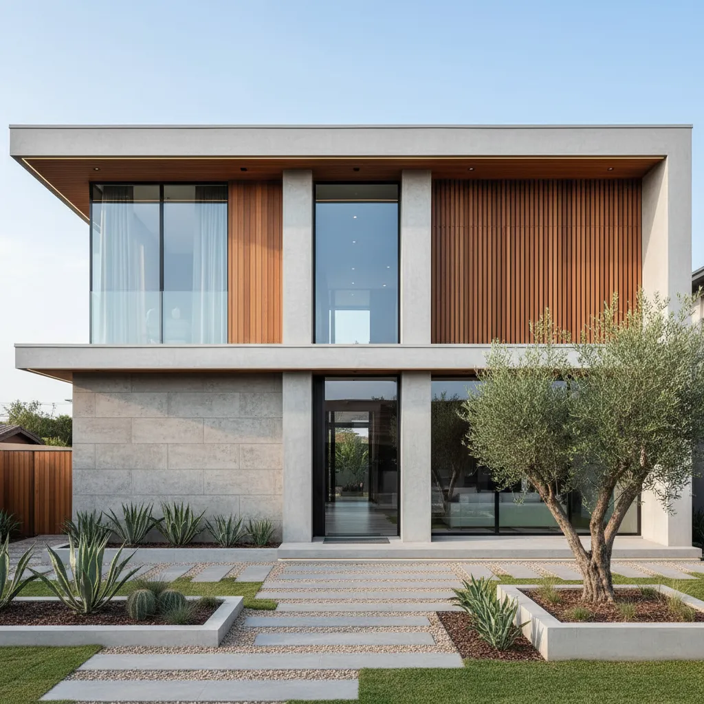 Fachada contemporánea de casa de dos plantas con ventanales grandes