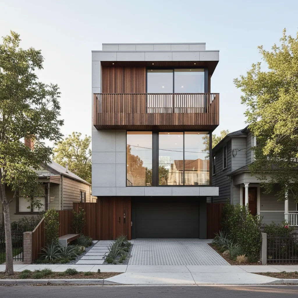 Casa moderna de dos plantas construida en terreno urbano