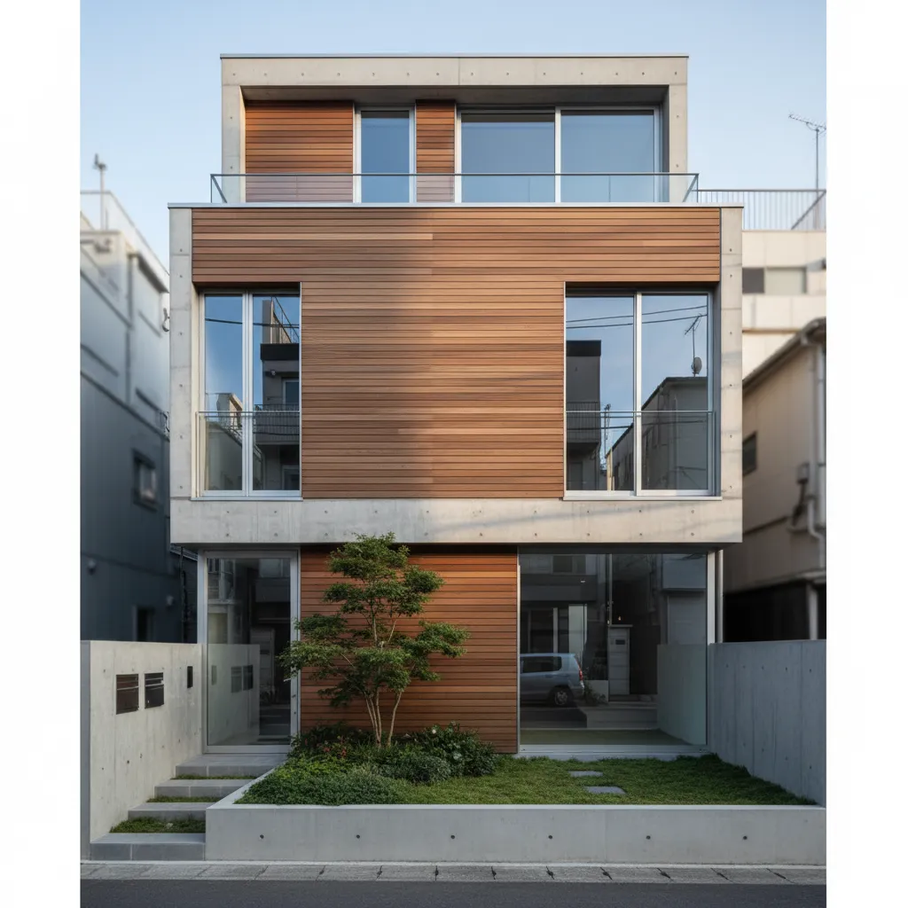 Casa moderna de dos plantas en parcela pequeña con grandes ventanales