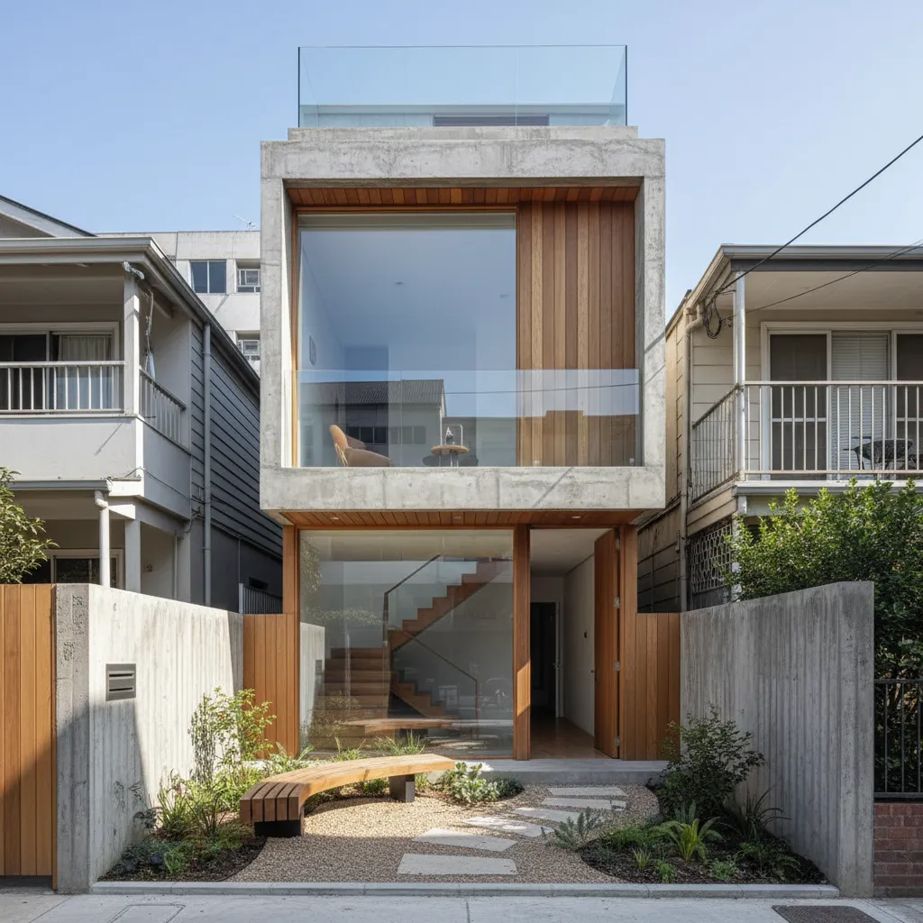 Casa moderna de dos plantas construida en un terreno urbano pequeño