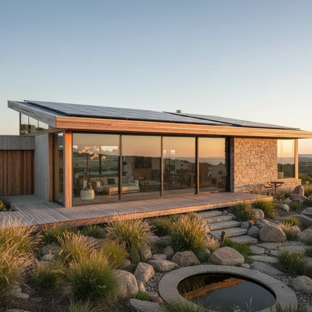 Casa moderna sostenible con grandes ventanales y paneles solares
