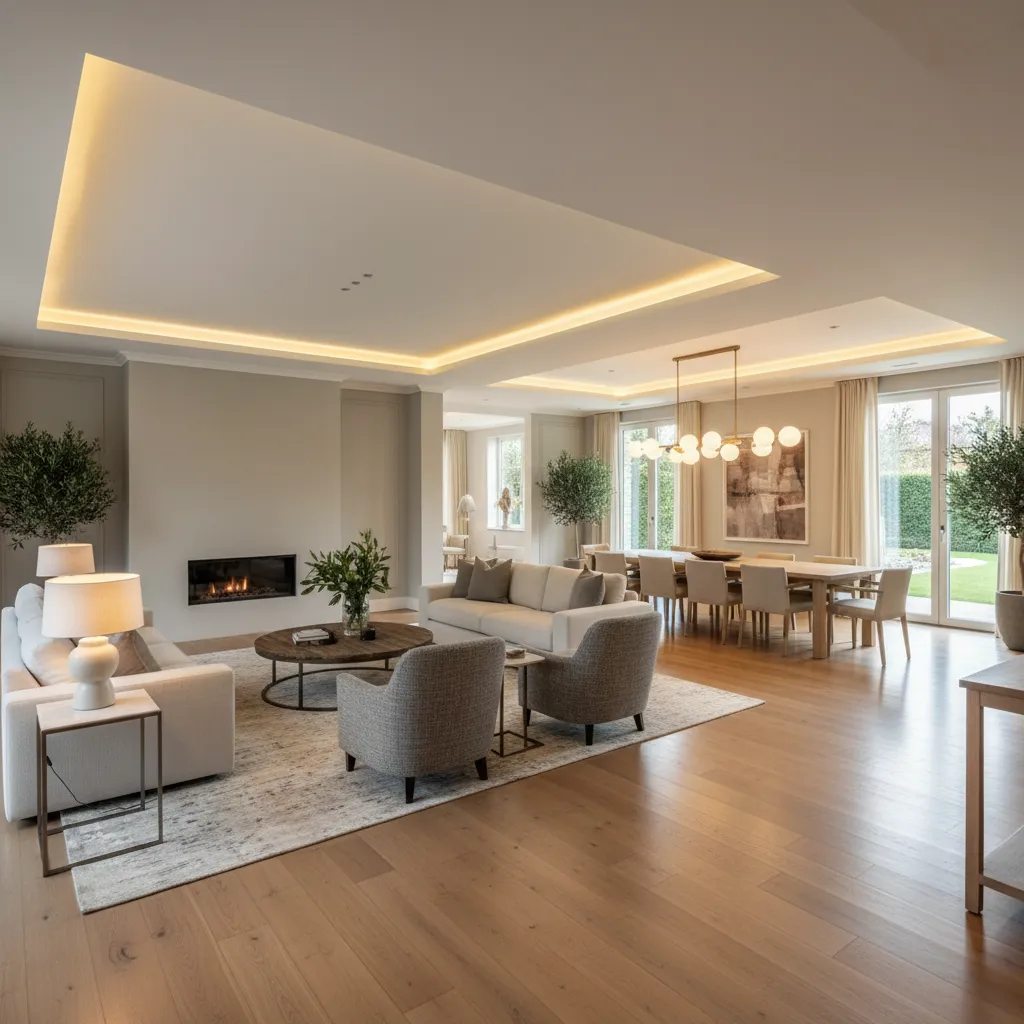 Spacious living room with wood floors, neutral sofas, fireplace, dining area, and warm ceiling lights