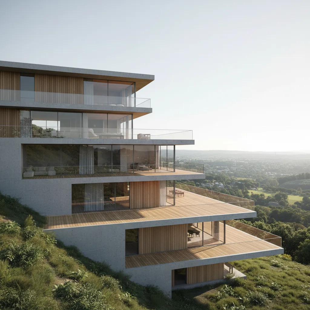 Casa contemporânea construída em encosta com volumes em níveis e varanda com vista