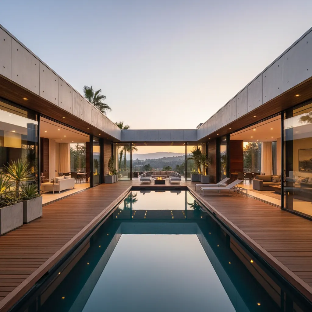 Casa moderna en escuadra con piscina en el patio interior