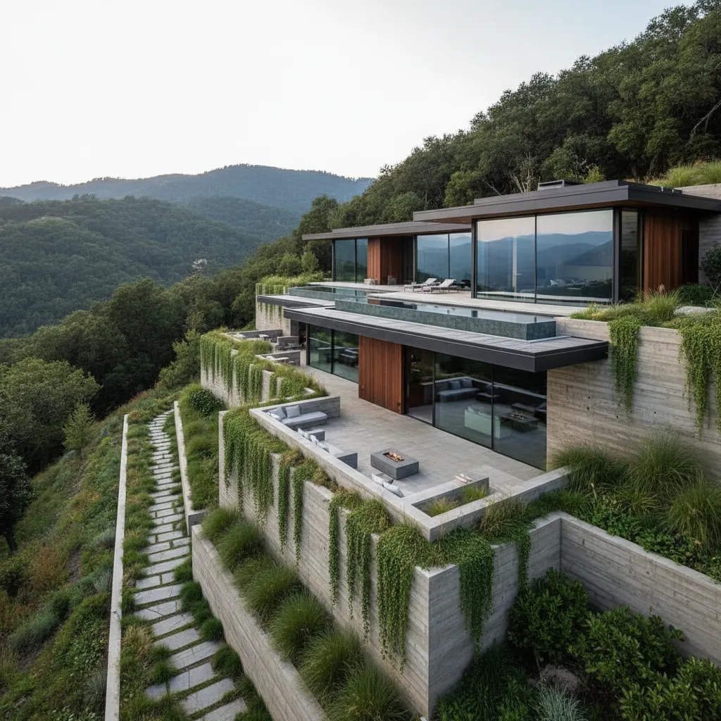 Vivienda moderna integrada en una ladera con plataformas estructurales