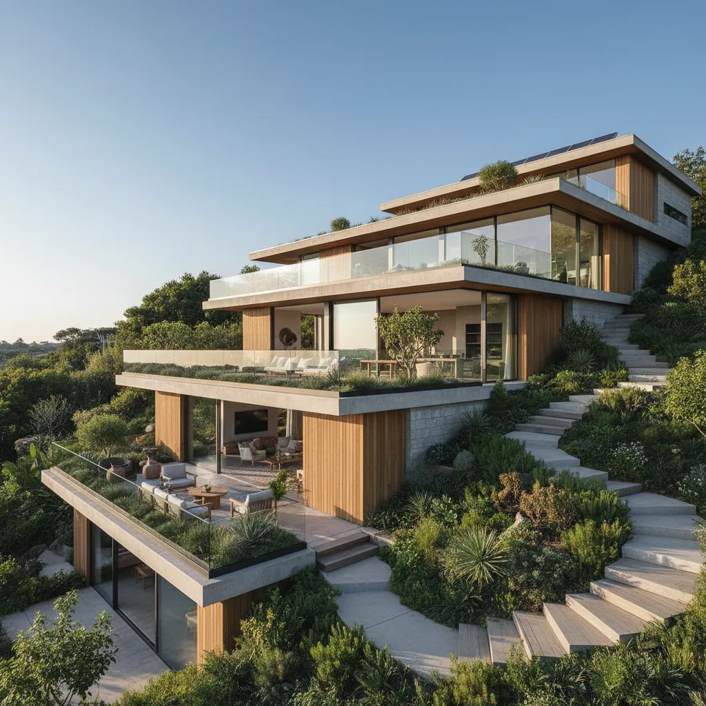 Casa escalonada construida siguiendo la pendiente natural del terreno