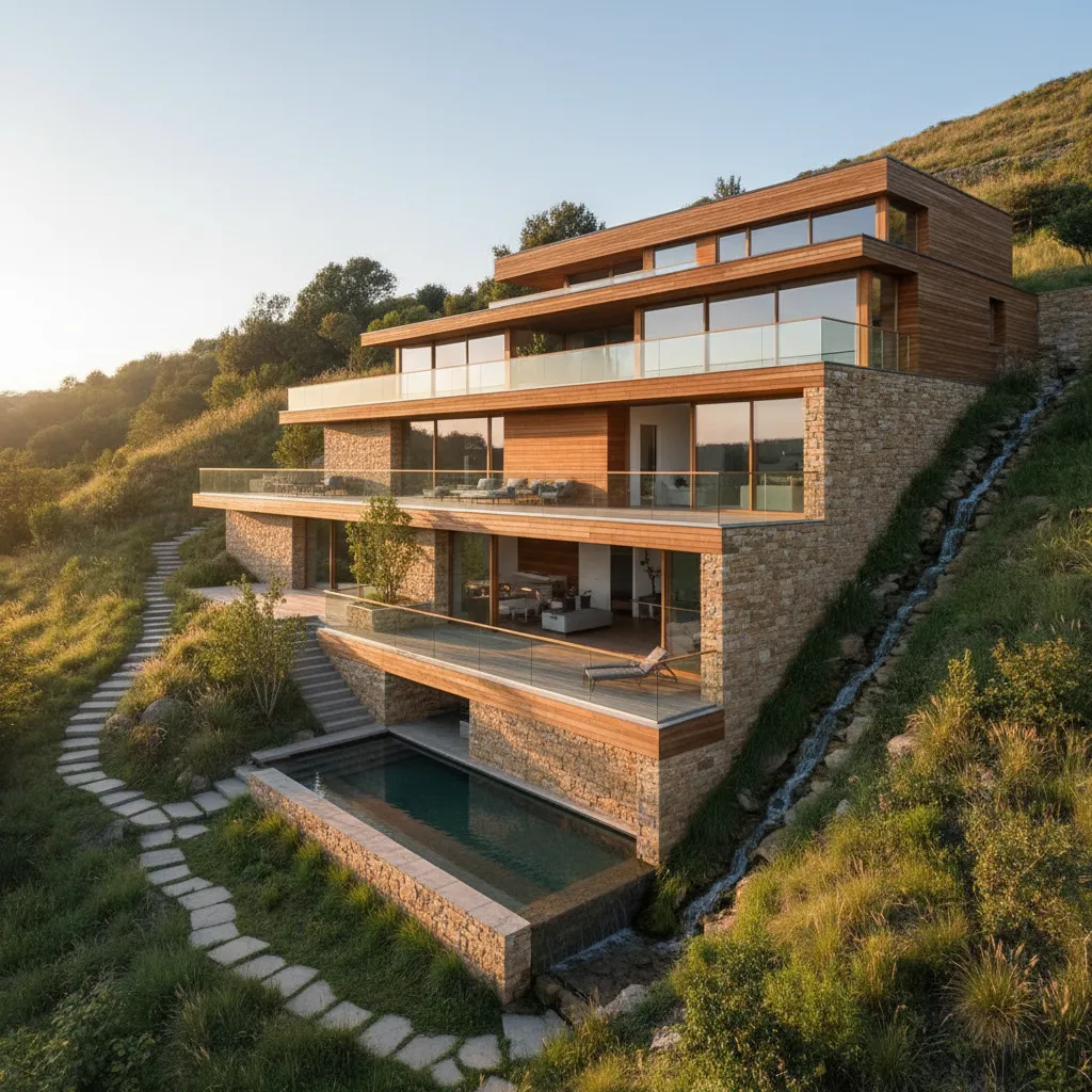 Multi-level wood and stone house on a hill with swimming pool stone path and waterfall