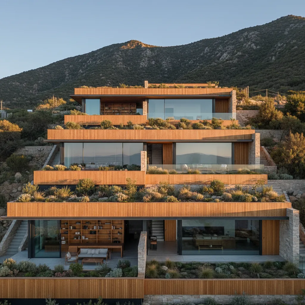 Casa moderna escalonada adaptándose a una pendiente natural