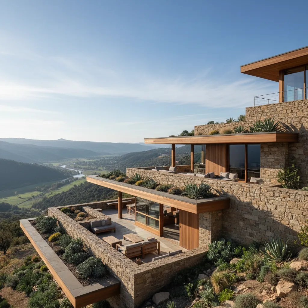 Modern stone house with multiple outdoor terraces wooden furniture and a scenic green valley view