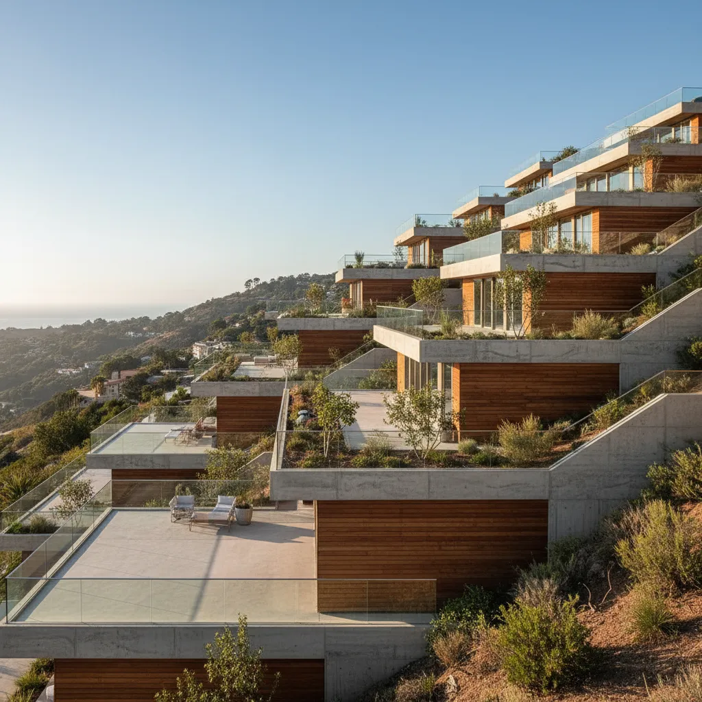 Casa escalonada adaptada a un terreno inclinado con varios niveles
