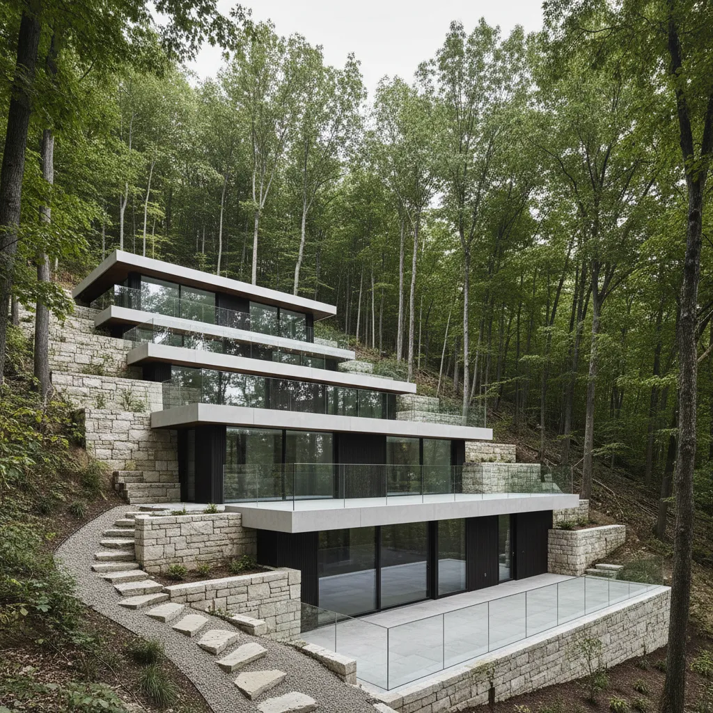 Stepped modern house with glass balconies built on a wooded slope surrounded by green trees