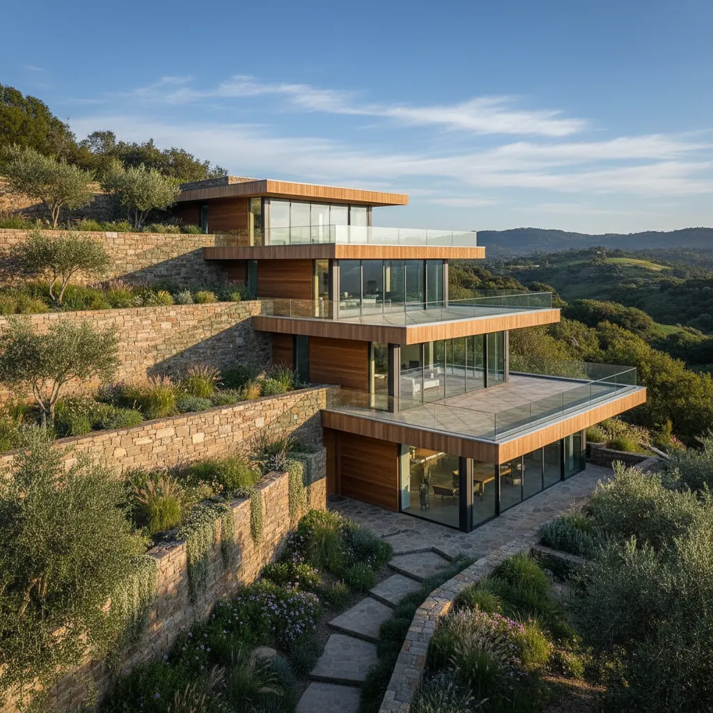 Modern house on a hill with glass balconies, stone walls, many levels, and green plants