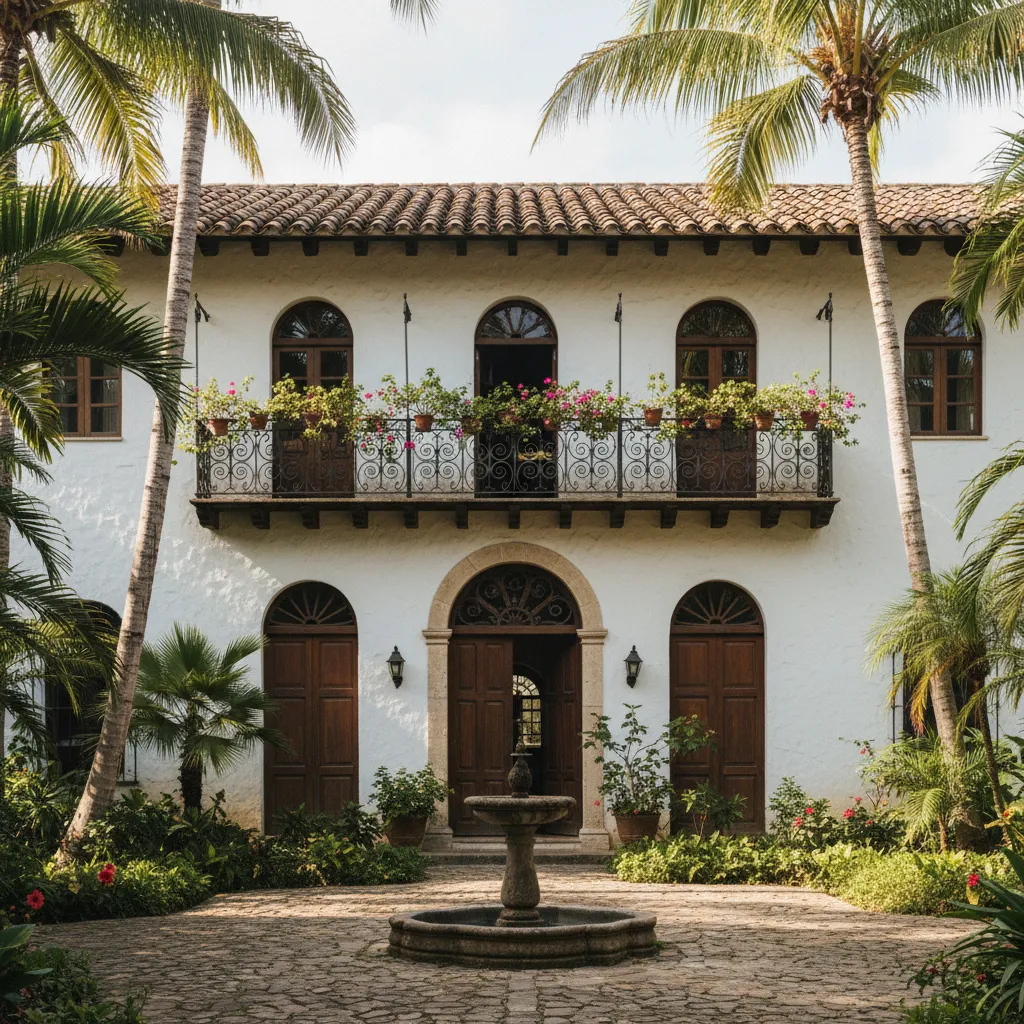 White colonial house exterior with arch doors, balcony flowers, palm trees, and courtyard water fountain